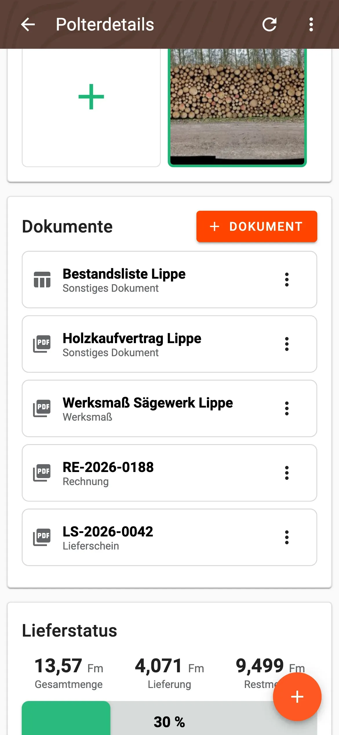 Dokumentenliste auf der Polterdetailseite mit Lieferschein, Rechnung, Werksmaß und weiteren Belegen