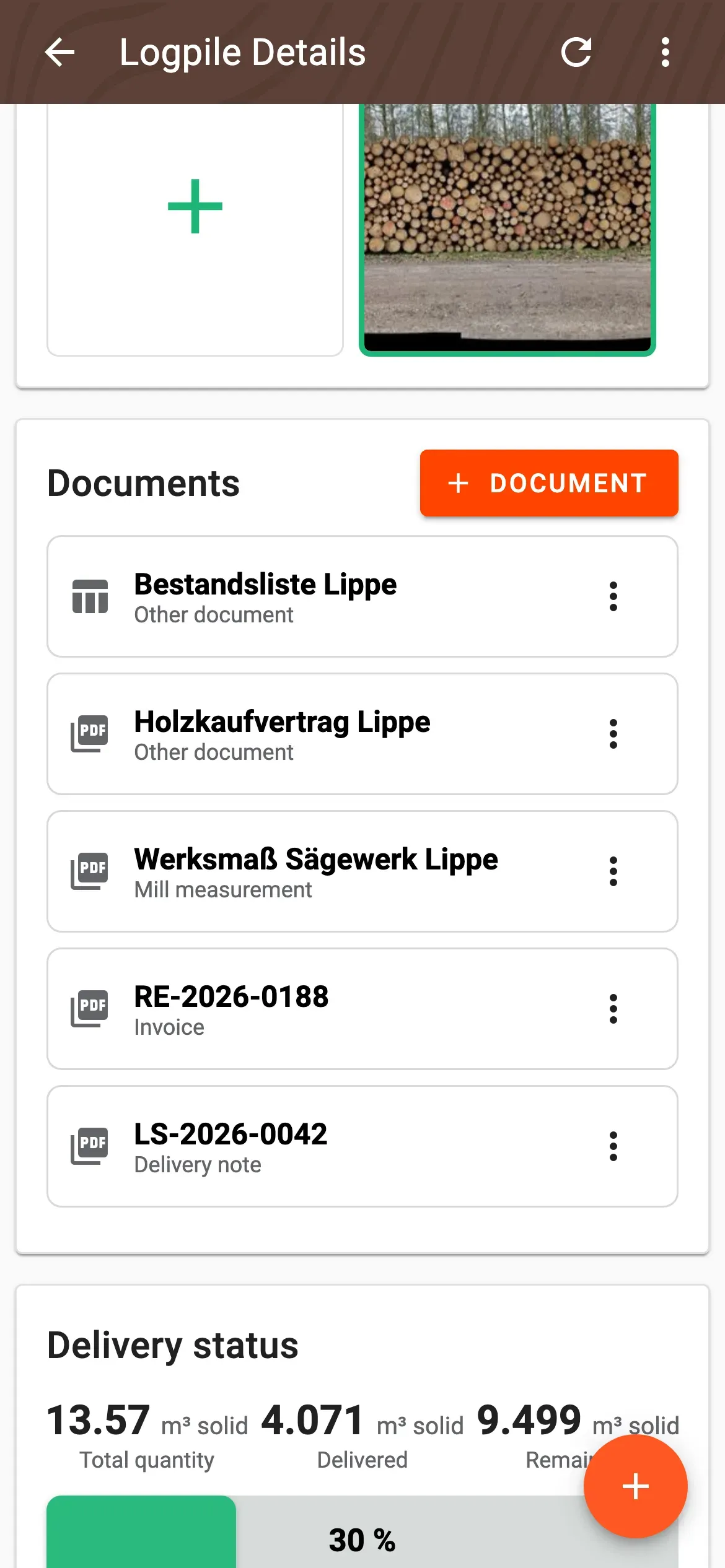 Document list on the log-pile detail page with delivery note, invoice, mill measurement and more