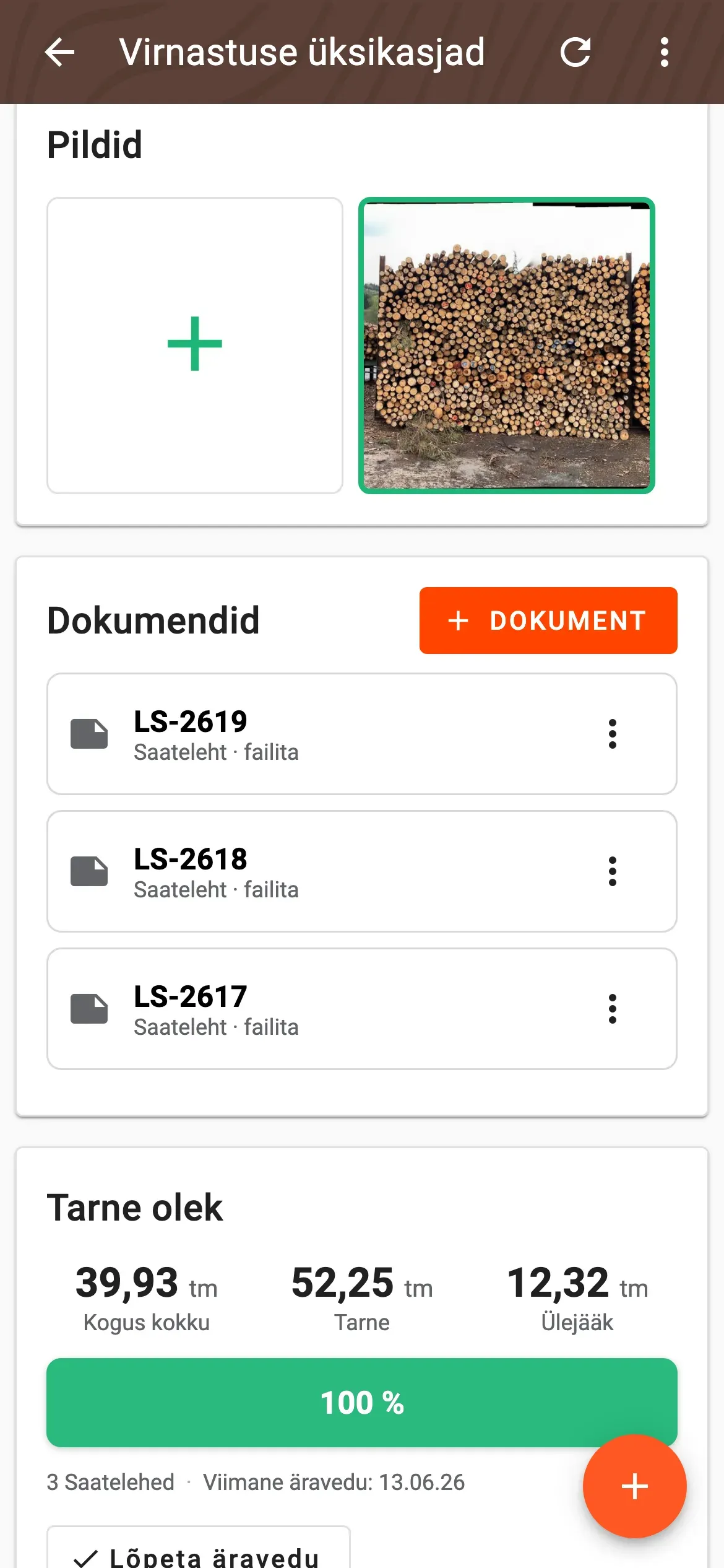Dokumentide loend virna detaililehel koos saatelehe, arve, tehasemõõtmise ja muuga