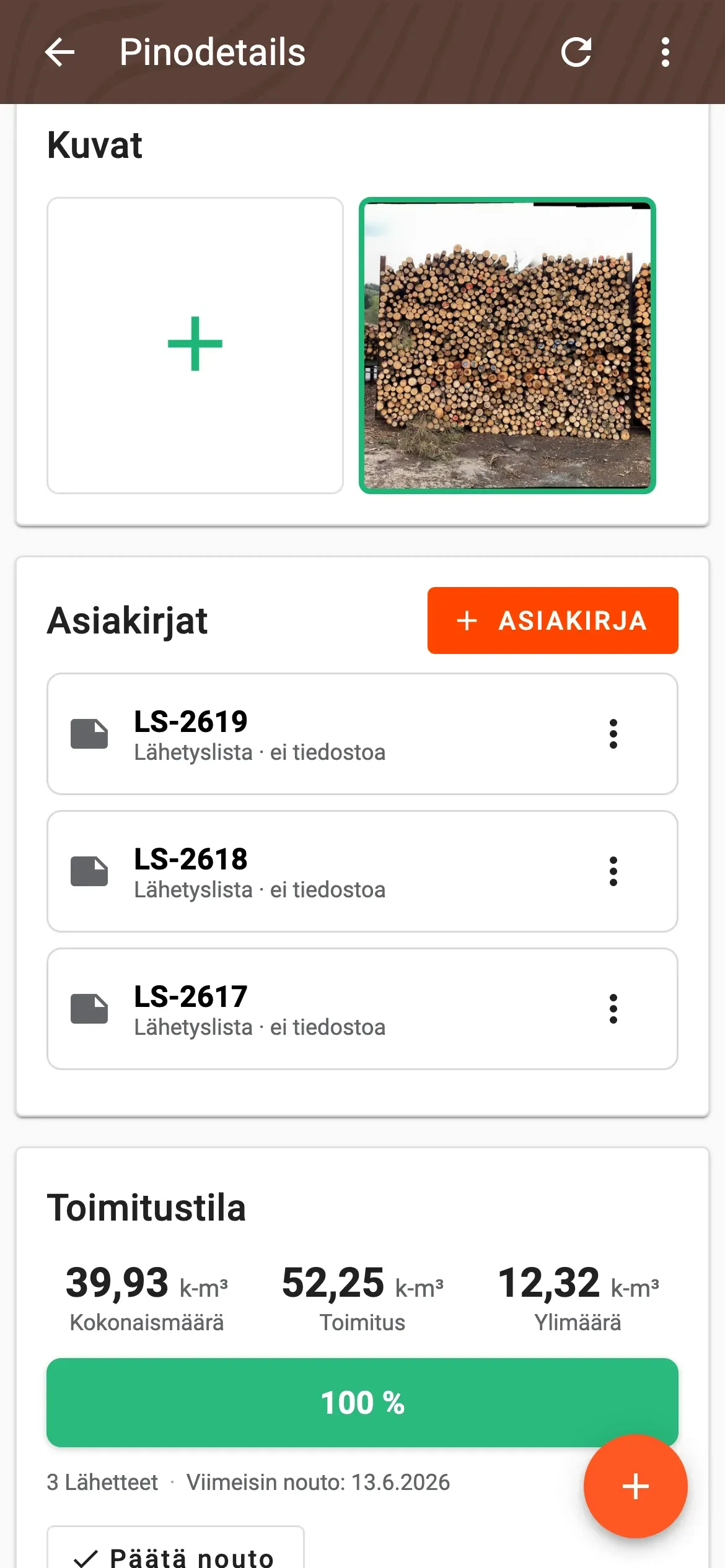 Dokumenttilista pinon tietosivulla, jossa lähete, lasku, tehdasmittaus ja muut