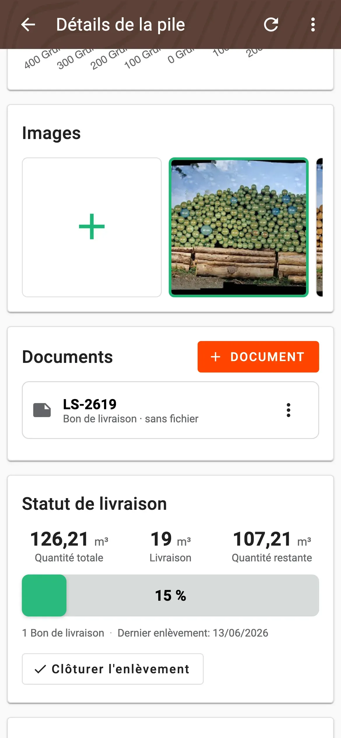 Liste des documents sur la page de détail de la pile avec bon de livraison, facture, mesure usine et plus