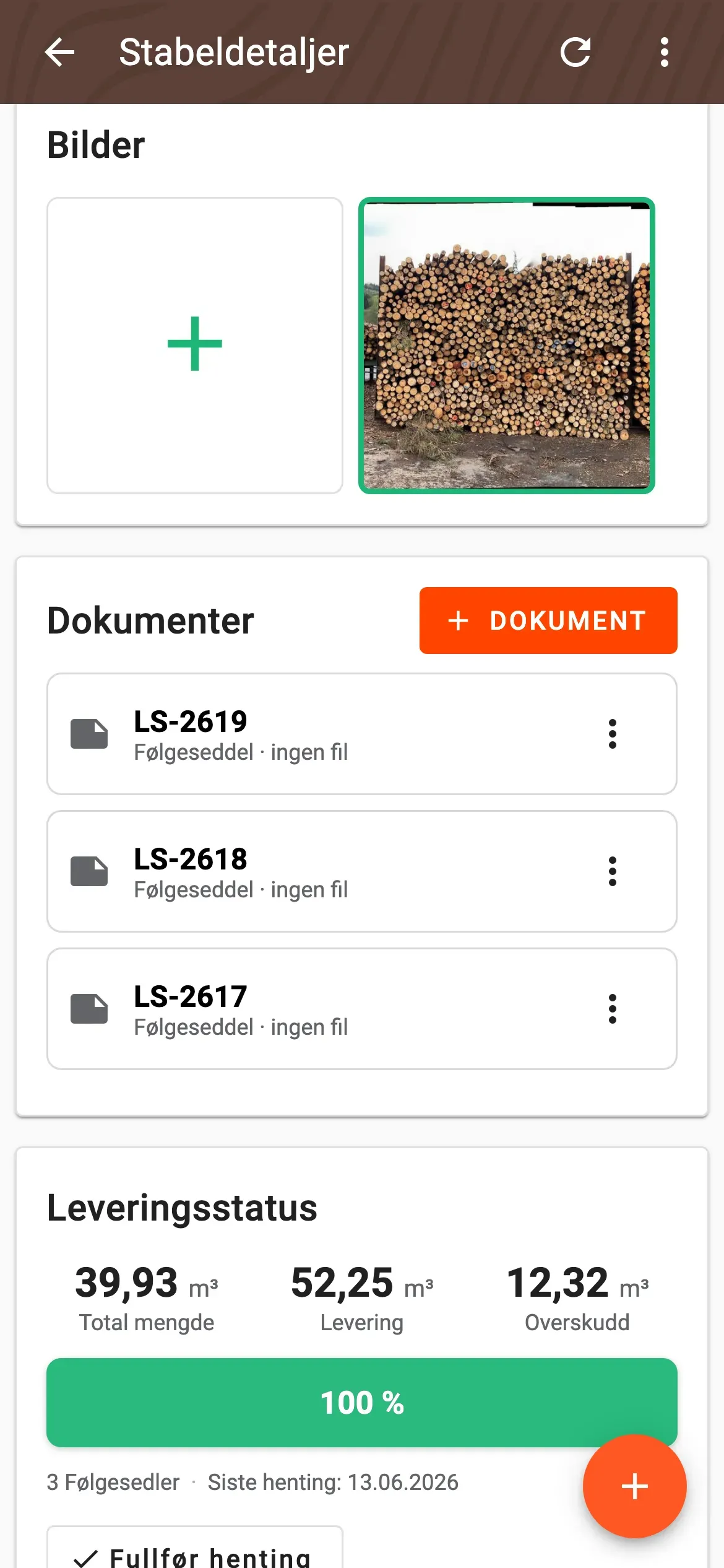 Dokumentliste på velteplassens detaljside med følgeseddel, faktura, fabrikkmål og mer