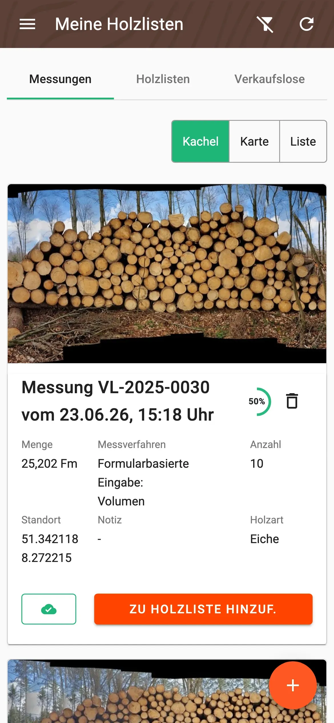 Messungsliste in Kachelansicht mit Lieferstatus-Anzeige je Messung