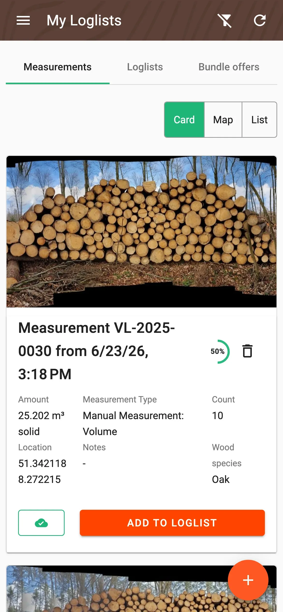 Measurement list in tile view with a delivery-status indicator per measurement