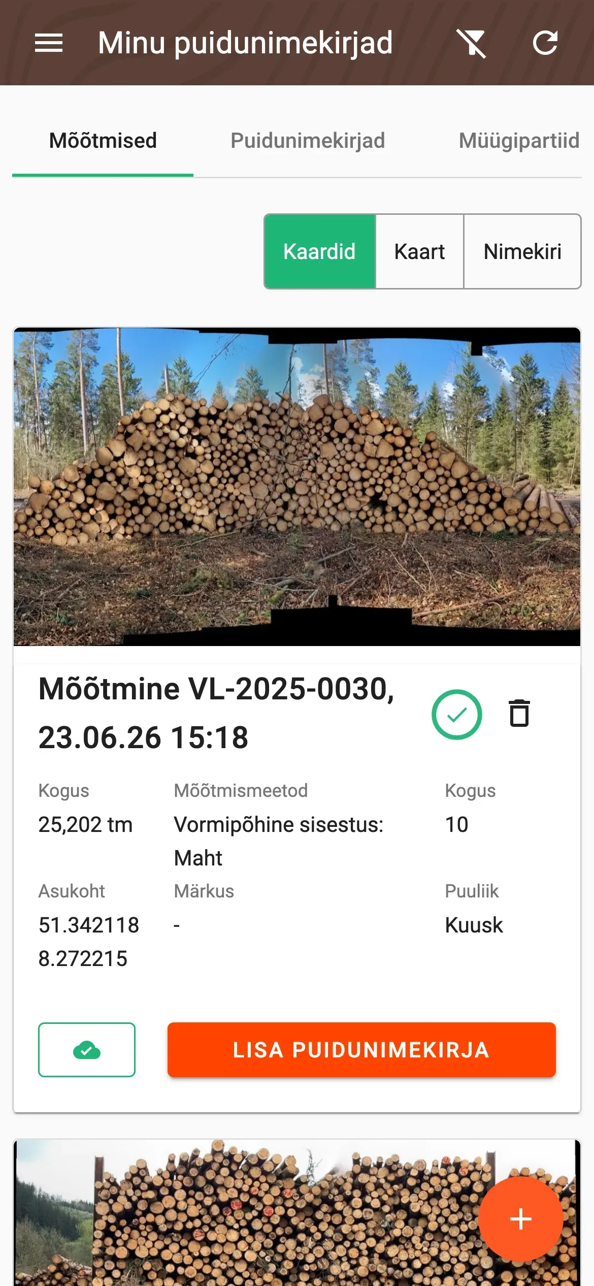 Mõõtmiste loend kaardivaates tarnestaatuse indikaatoriga iga mõõtmise juures