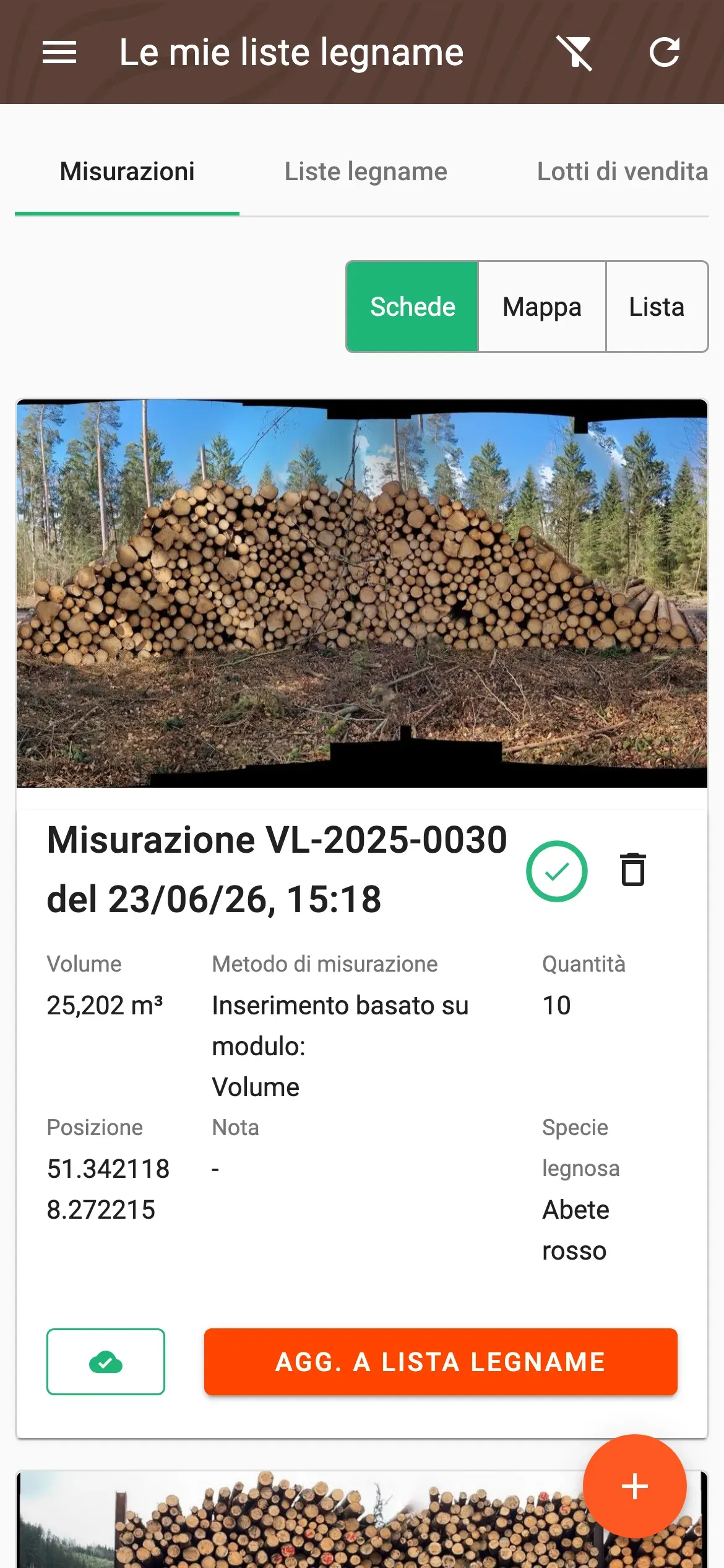 Elenco delle misurazioni in vista a schede con indicatore dello stato di consegna per ogni misurazione