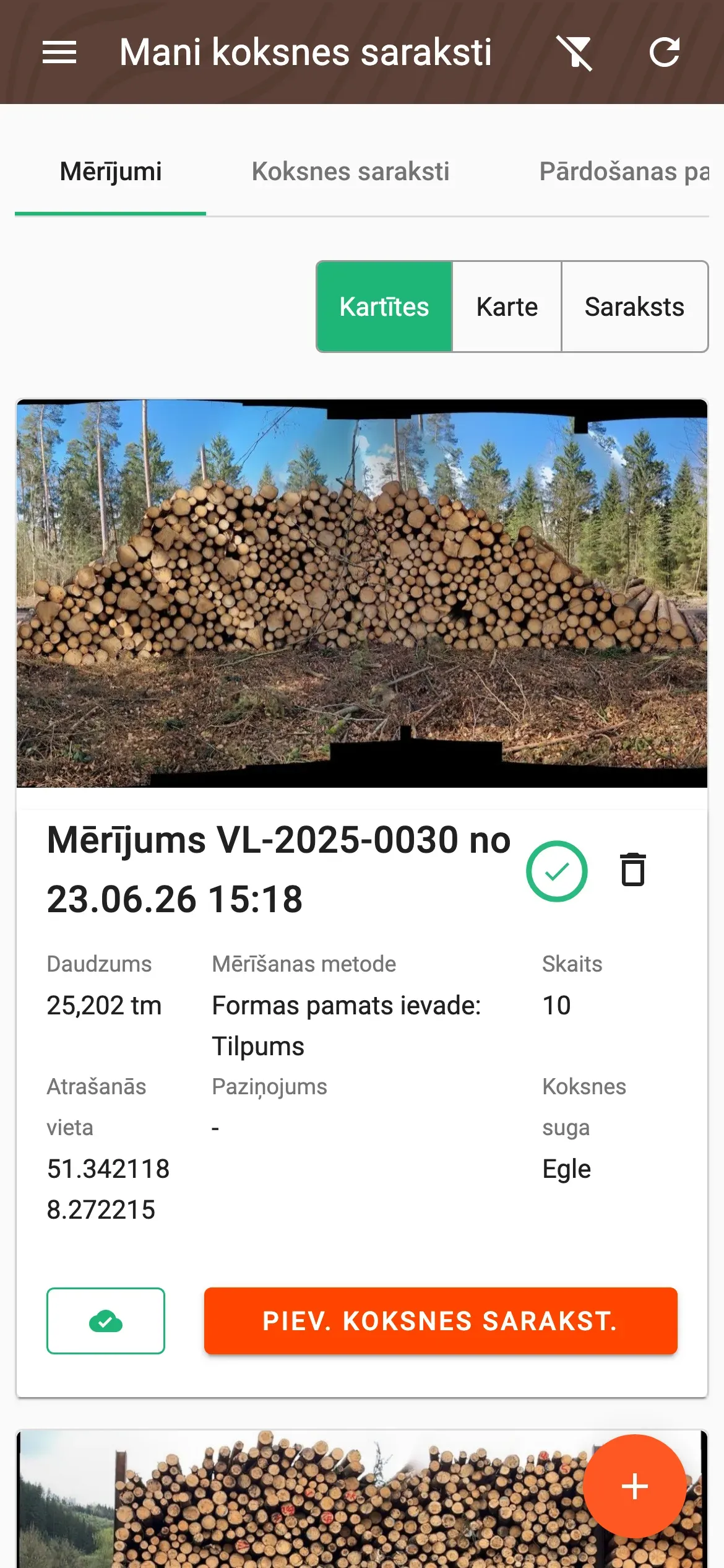 Mērījumu saraksts kartīšu skatā ar piegādes statusa indikatoru katram mērījumam