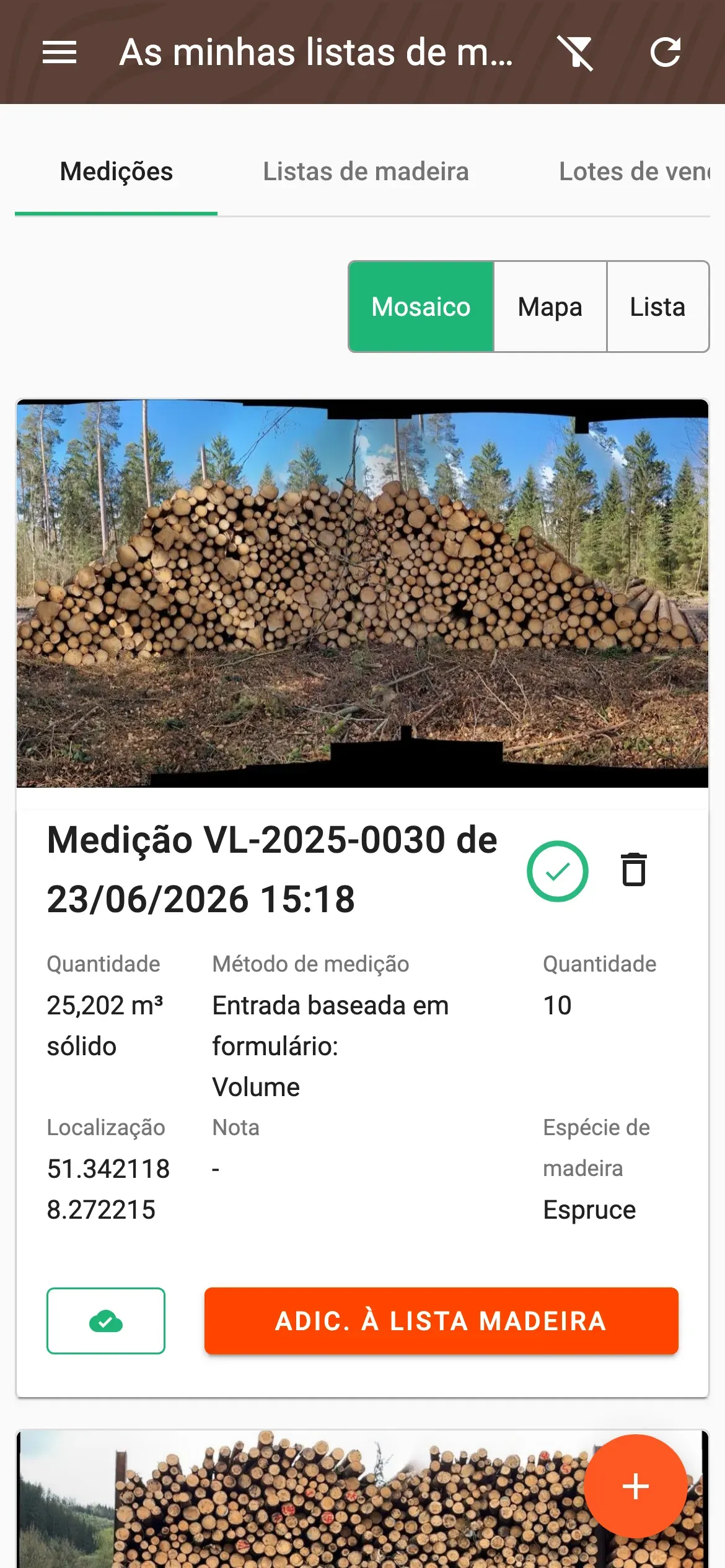 Lista de medições em vista de mosaico com indicador do estado de entrega em cada medição