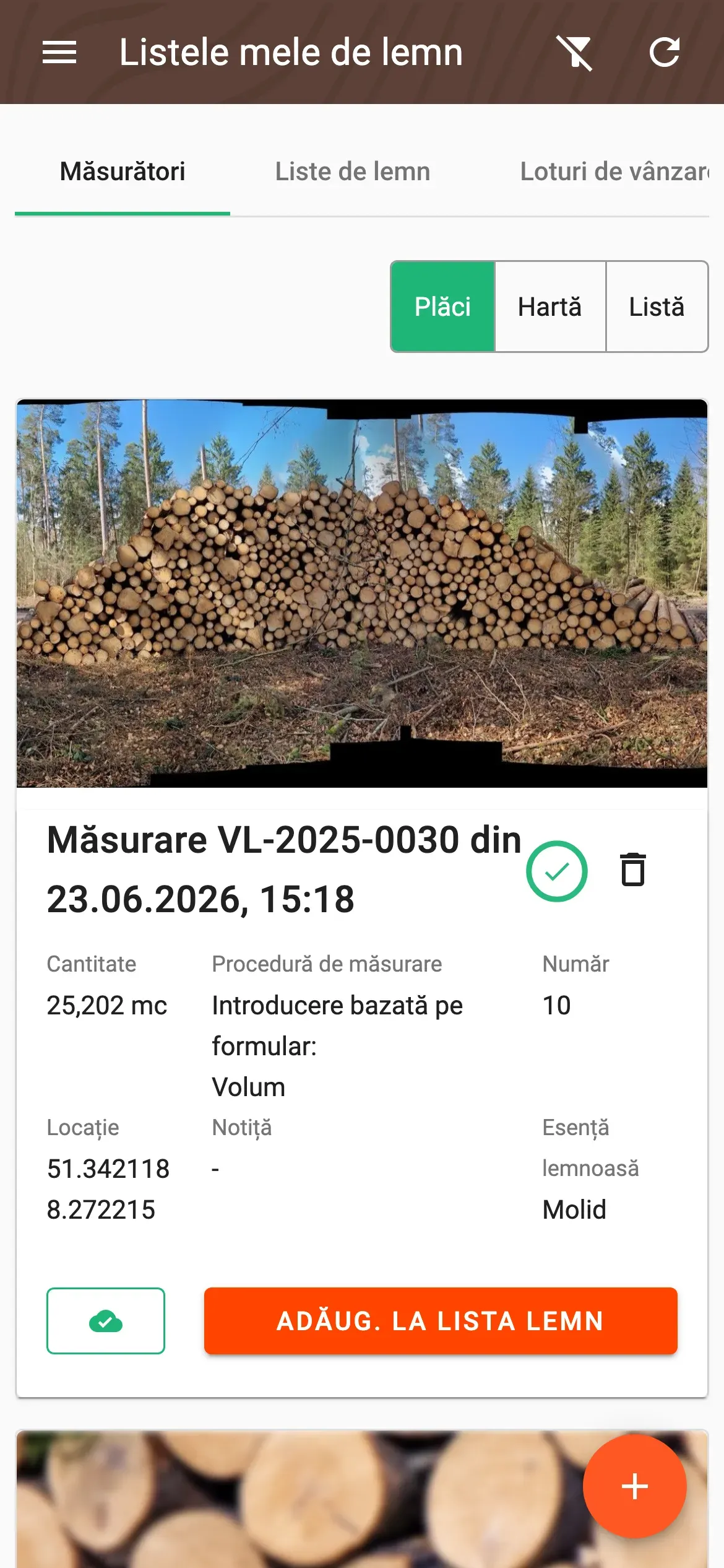 Lista măsurătorilor în vizualizare plăci cu indicator de stare a livrării la fiecare măsurătoare