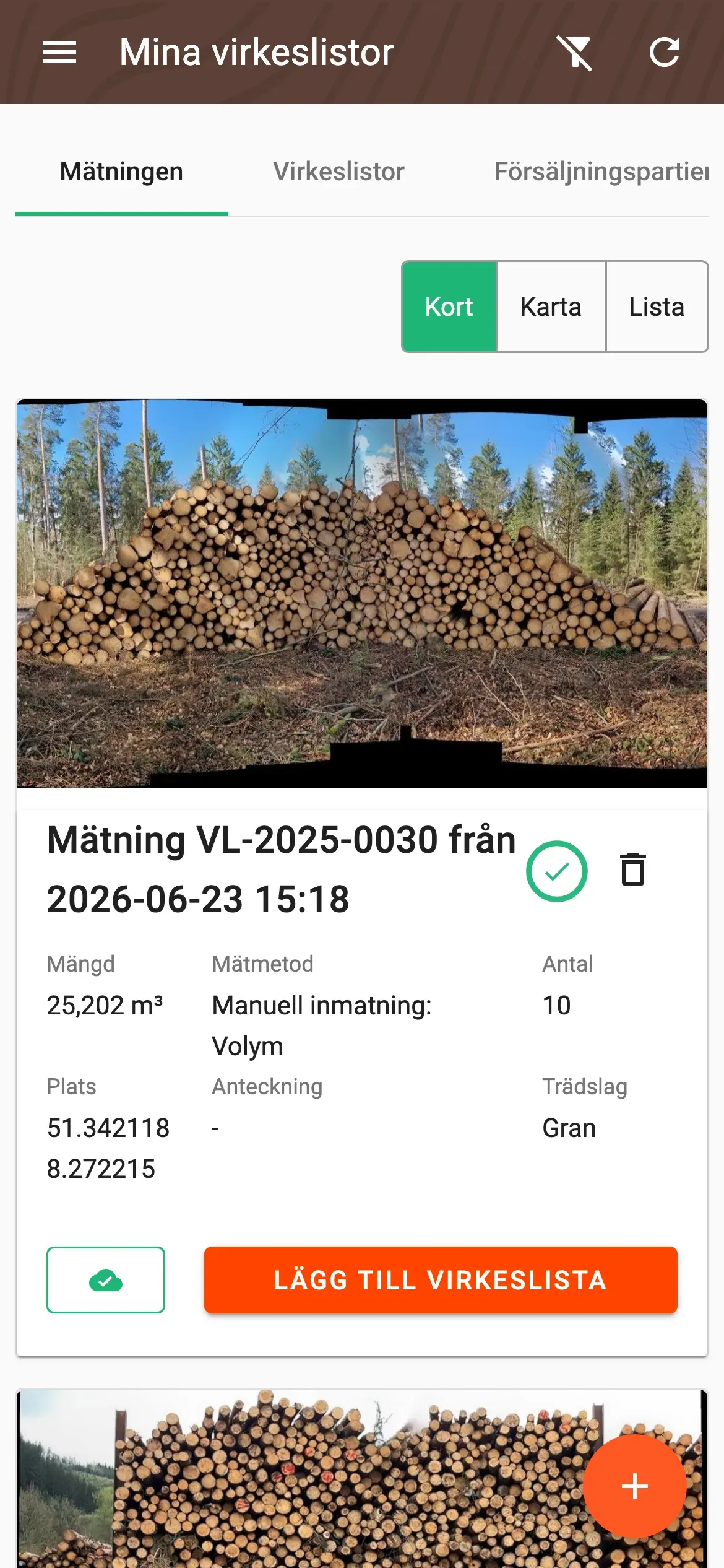Mätningslista i rutvy med leveransstatusindikator vid varje mätning
