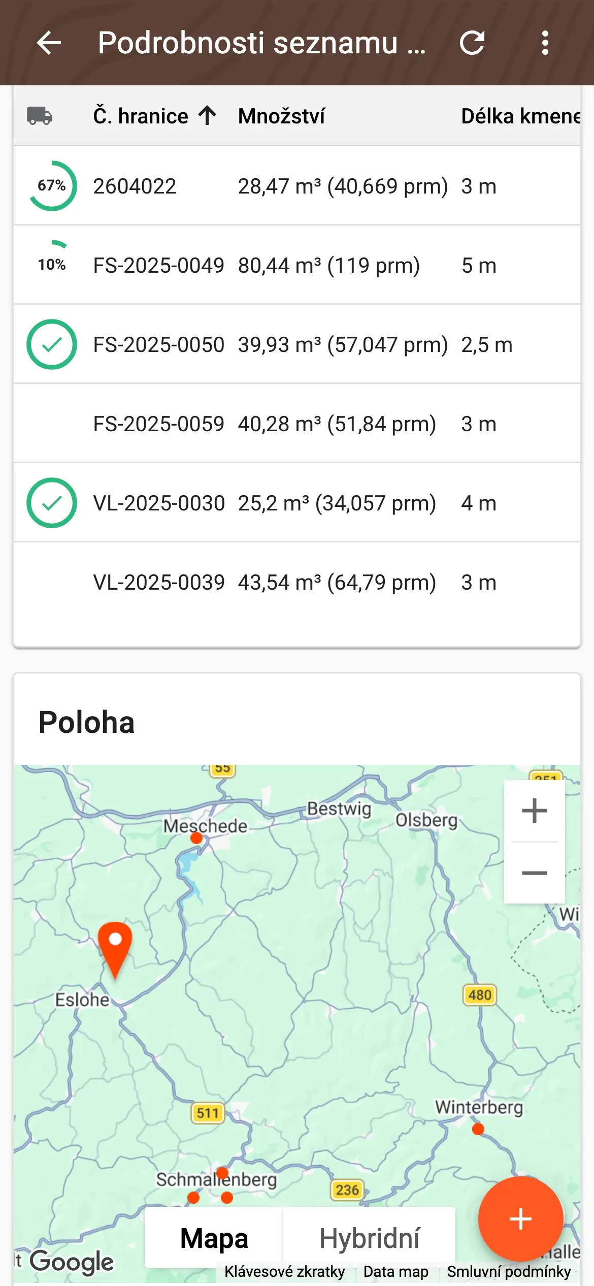 Přehled hranic seznamu dřeva s průběhem dodávky u každé hranice