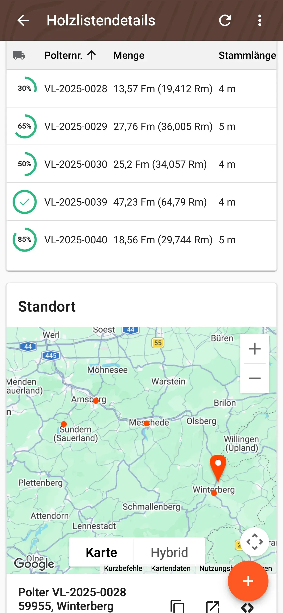 Polterübersicht einer Holzliste mit Lieferfortschritt in Prozent je Polter
