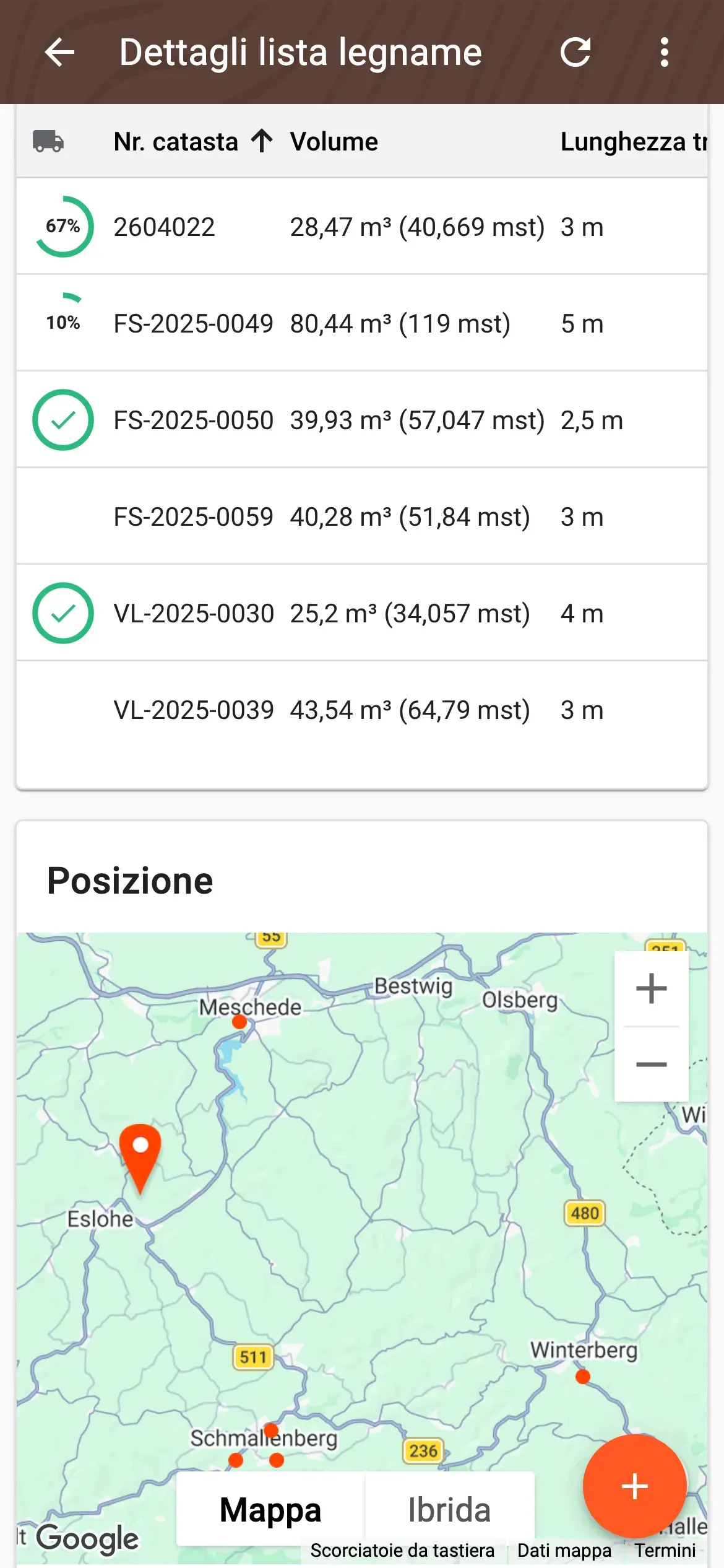 Panoramica delle cataste della lista legname con avanzamento della consegna per ogni catasta