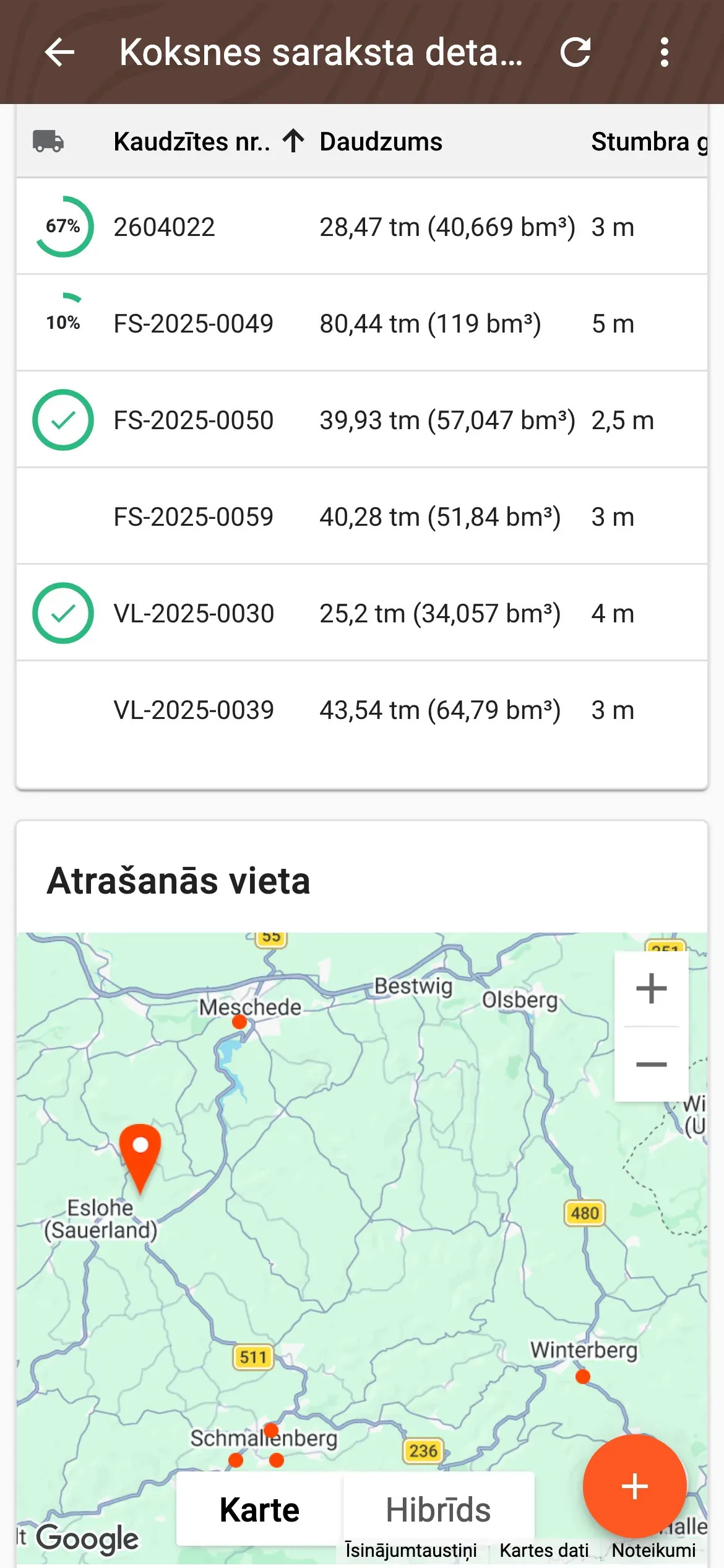 Kokmateriālu saraksta grēdu pārskats ar piegādes gaitu katrai grēdai