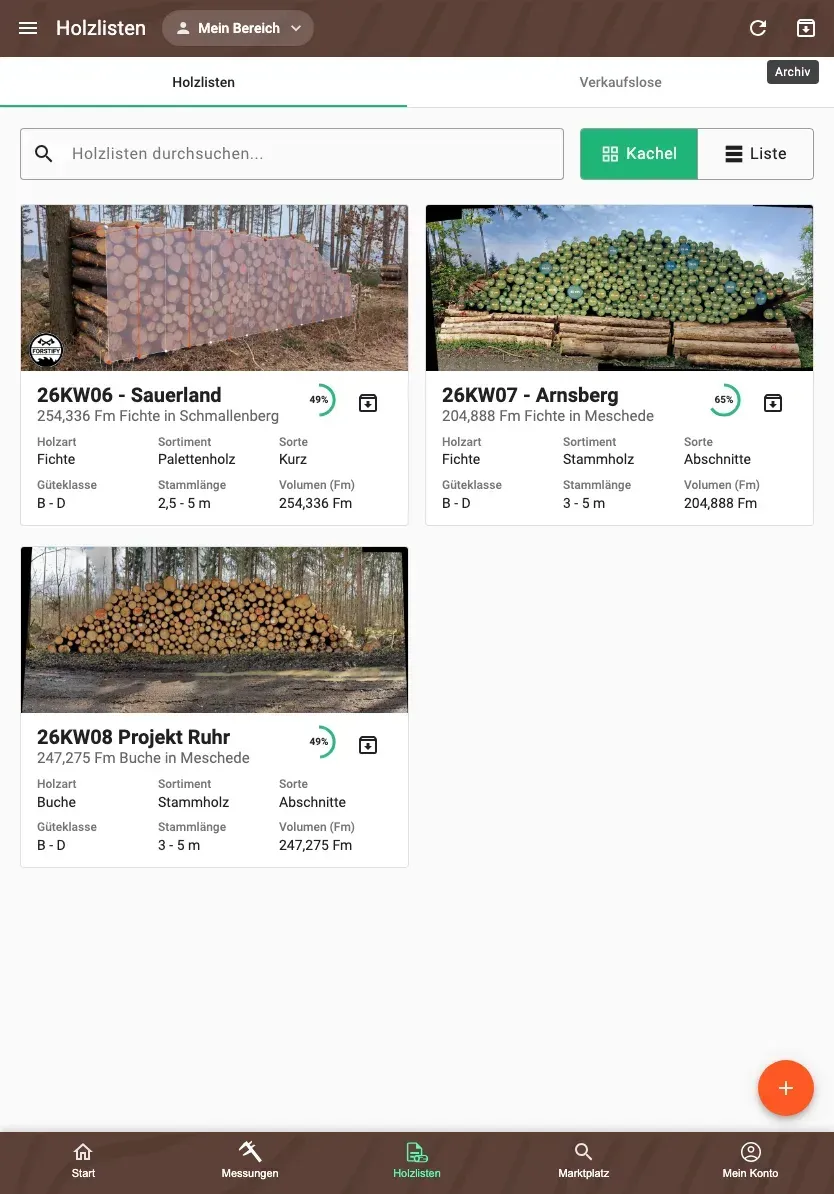 Holzlisten-Übersicht mit Archiv-Schaltfläche und Lieferstatus