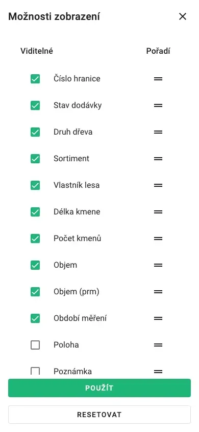 Výběr sloupců pro tabulkové zobrazení