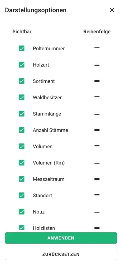 Spaltenauswahl der Tabellenansicht