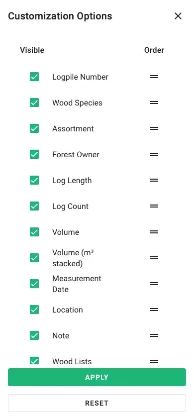 Column selection for the table view