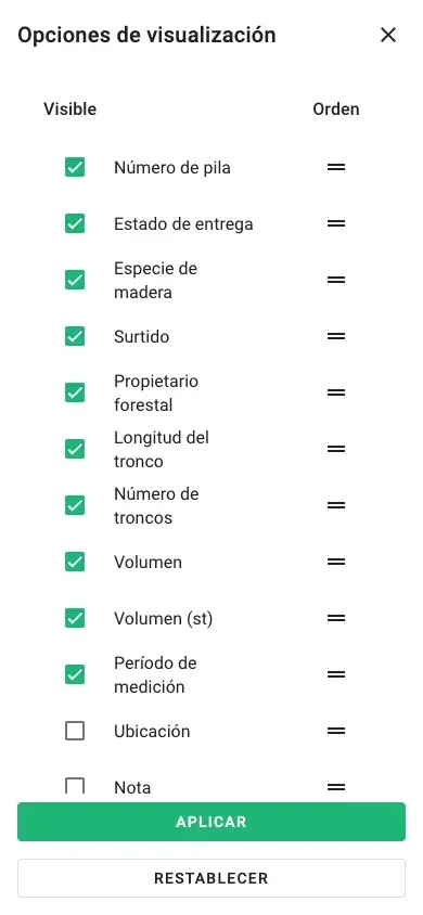 Selección de columnas para la vista de tabla