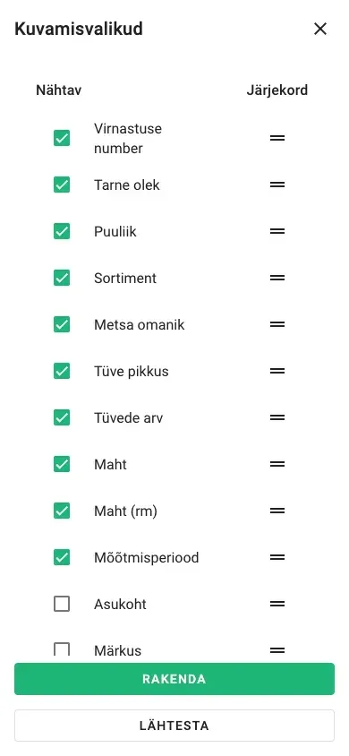 Veergude valik tabelivaate jaoks