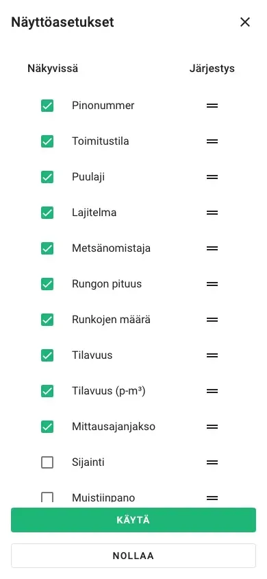 Sarakevalinta taulukkonäkymälle