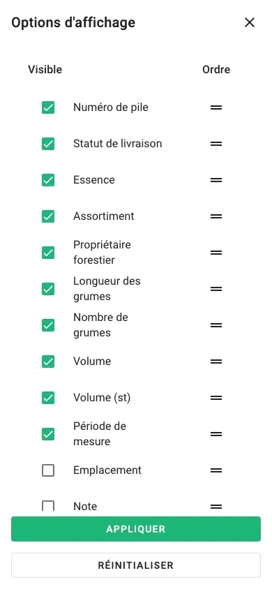 Sélection des colonnes pour la vue tableau