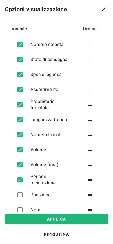 Selezione delle colonne per la vista tabella