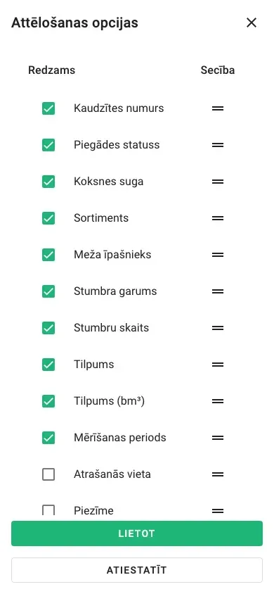 Kolonnu izvēle tabulas skatam