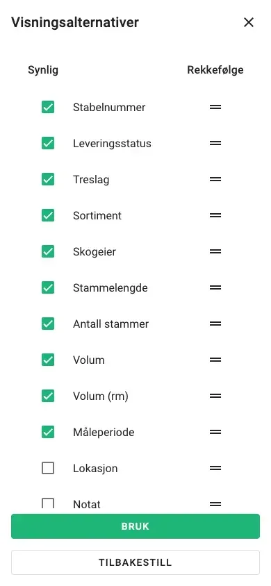 Kolonnevalg for tabellvisningen