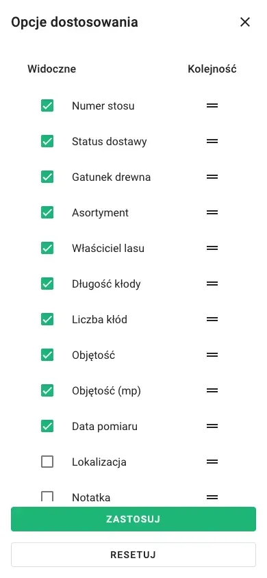 Wybór kolumn dla widoku tabeli