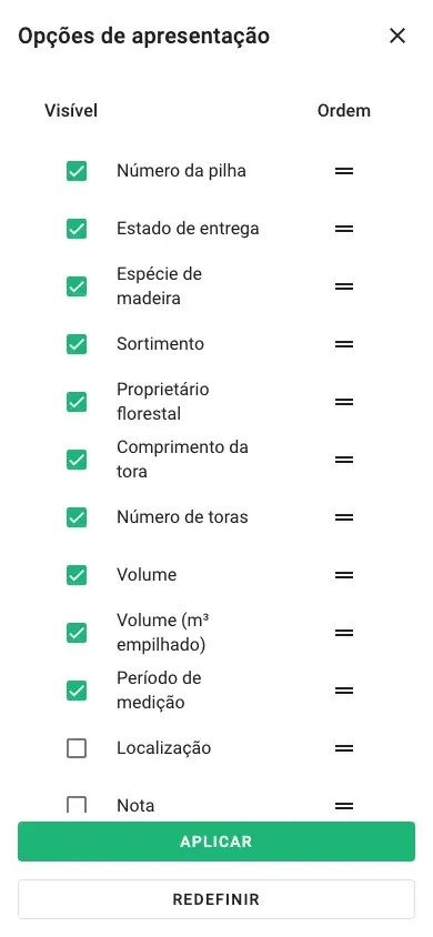 Seleção de colunas para a vista de tabela
