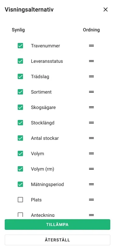 Kolumnval för tabellvyn