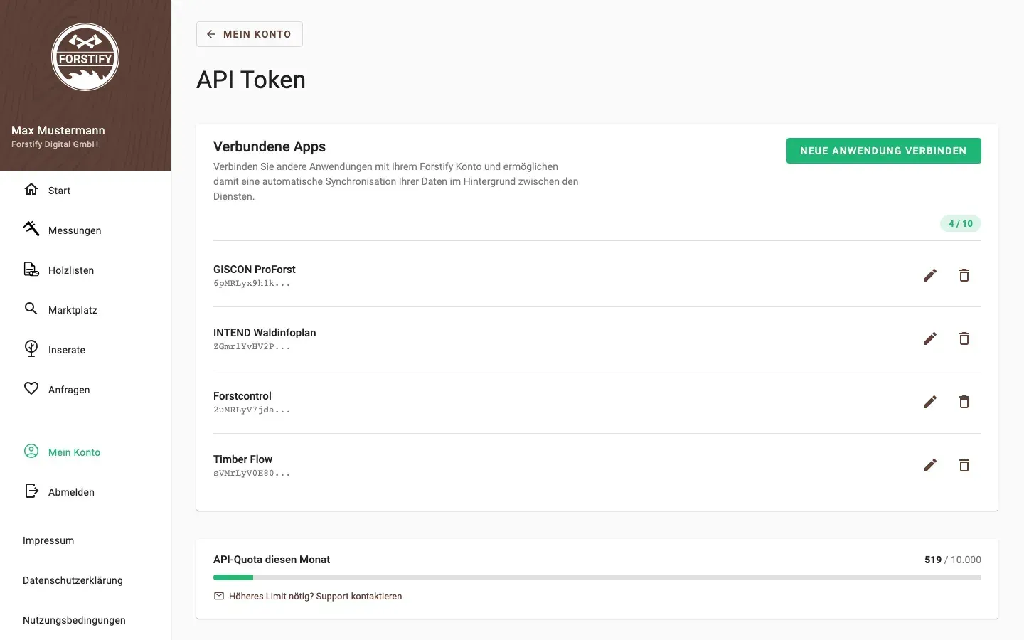 Verbundene Apps in Forstify: verbundene Anwendungen, monatliches API-Kontingent und Ressourcen