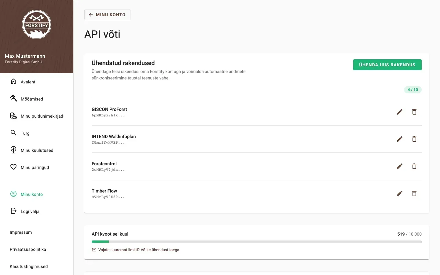 Connected Apps in Forstify: linked applications, monthly API quota and resources