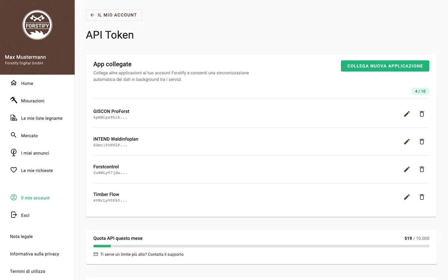 Connected Apps in Forstify: linked applications, monthly API quota and resources