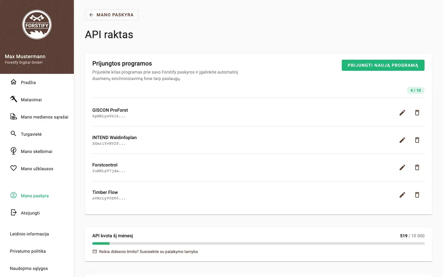 Connected Apps in Forstify: linked applications, monthly API quota and resources