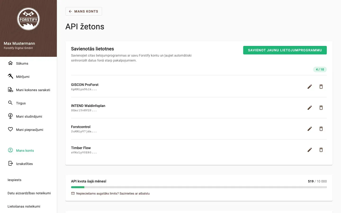 Connected Apps in Forstify: linked applications, monthly API quota and resources