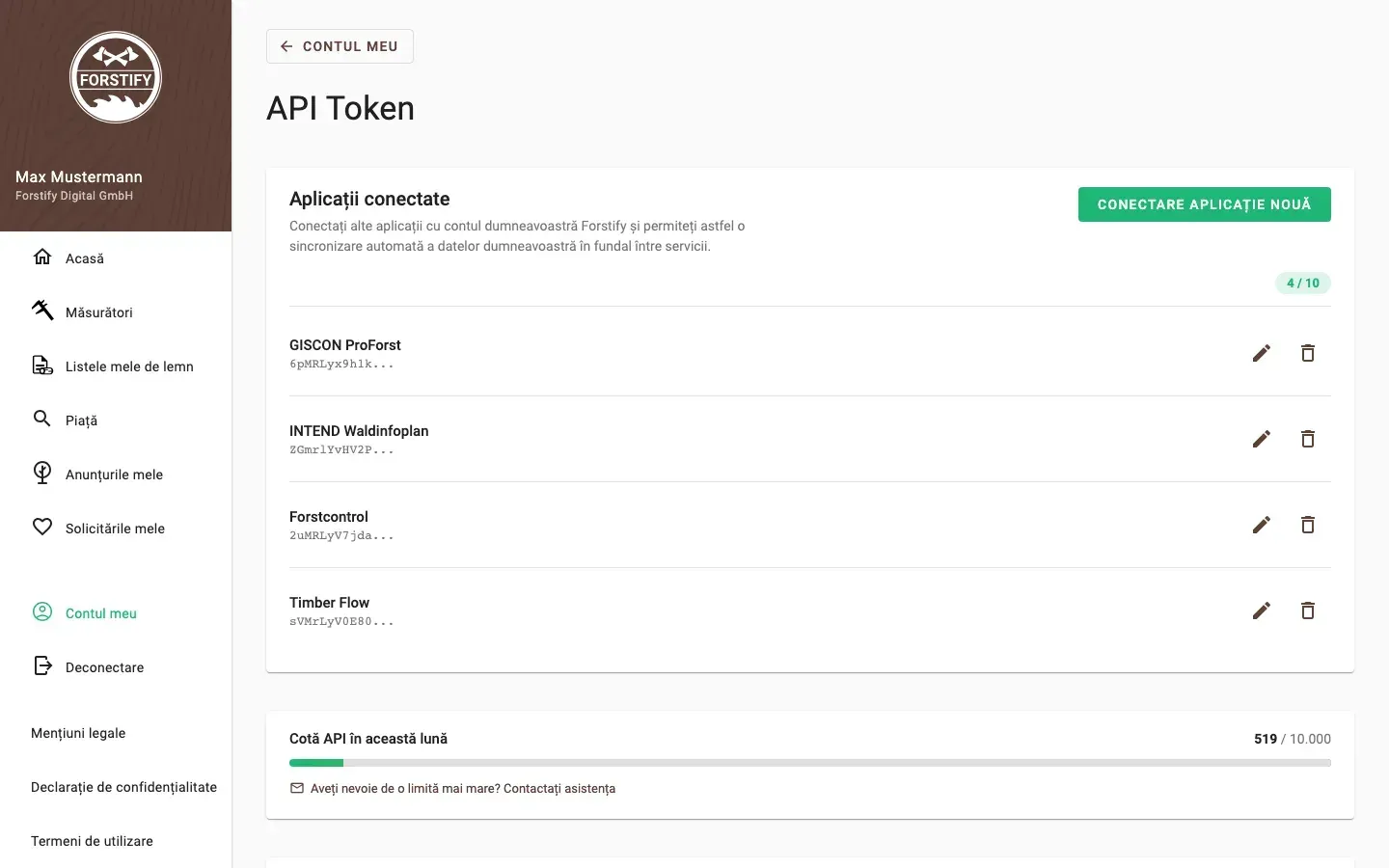 Connected Apps in Forstify: linked applications, monthly API quota and resources