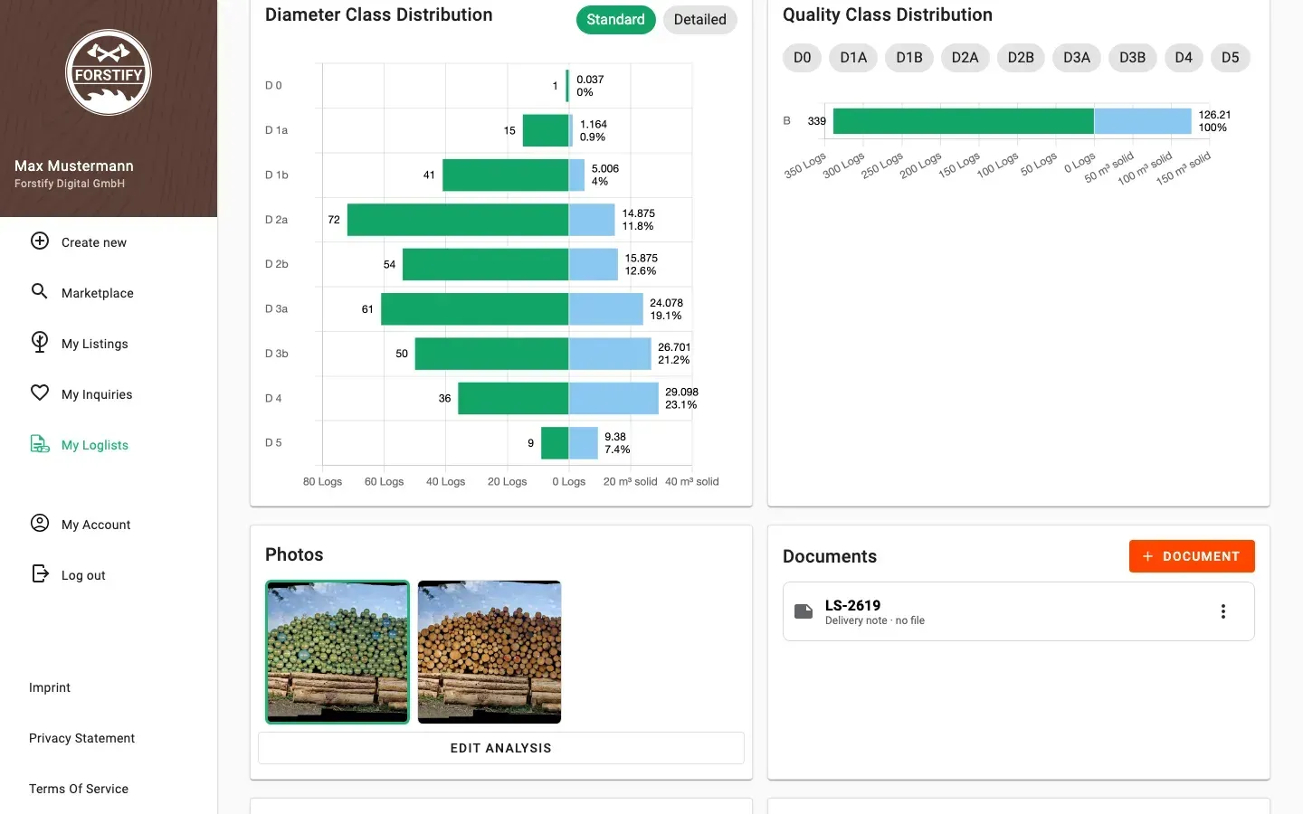 Forstify Measurement – measurement overview with diameter & quality distributions, map and data