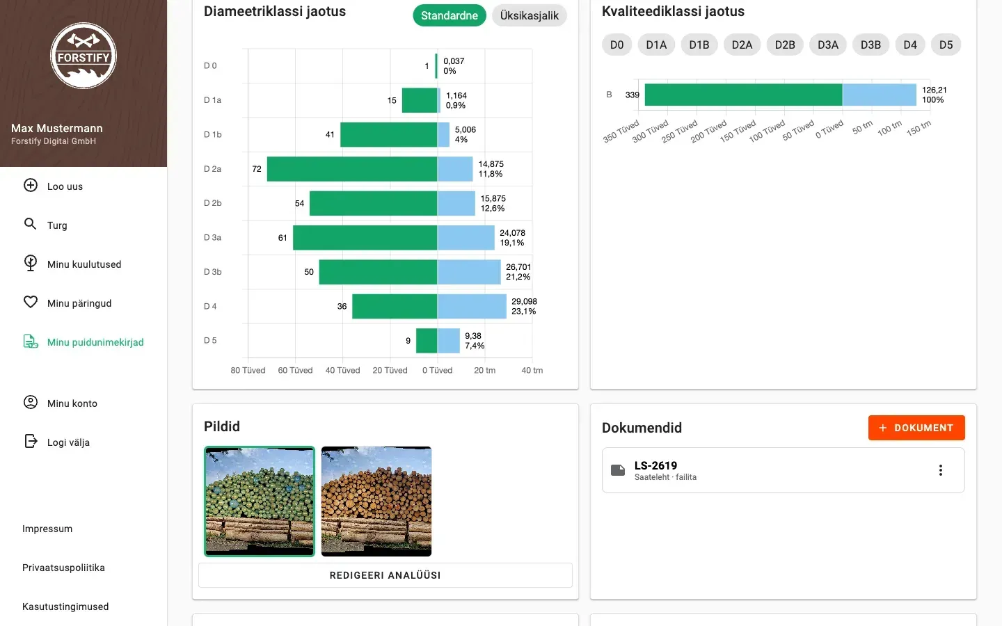 Forstify Measurement – measurement overview with diameter & quality distributions, map and data