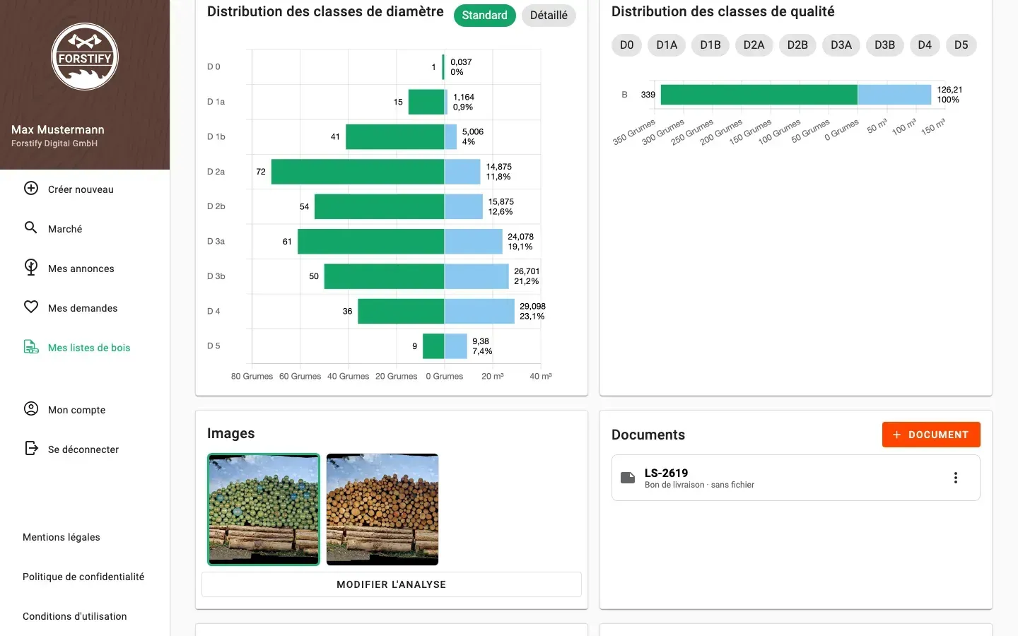 Forstify Measurement – measurement overview with diameter & quality distributions, map and data