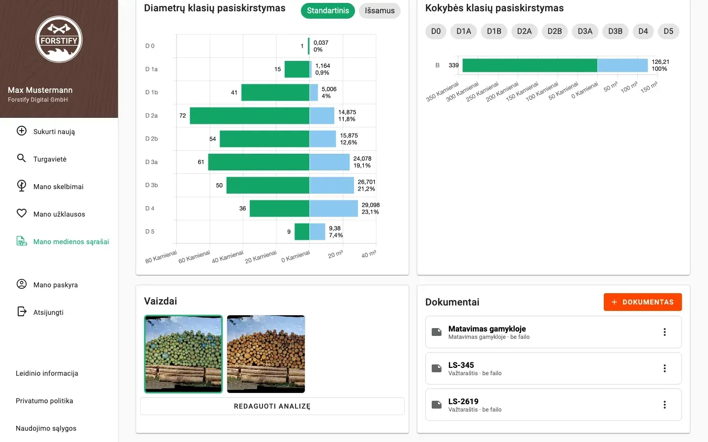 Forstify Measurement – measurement overview with diameter & quality distributions, map and data