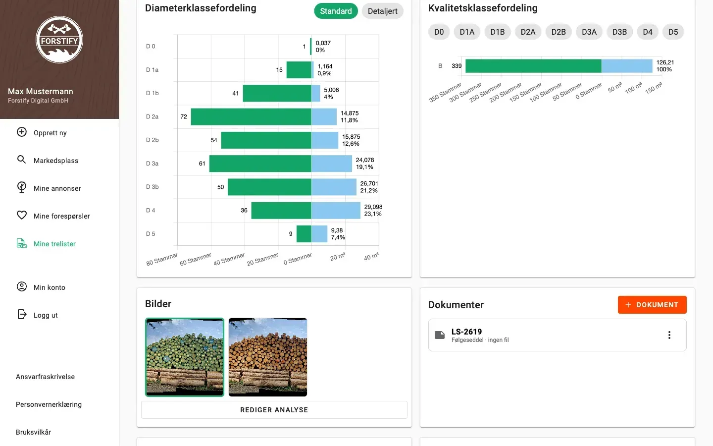 Forstify Measurement – measurement overview with diameter & quality distributions, map and data