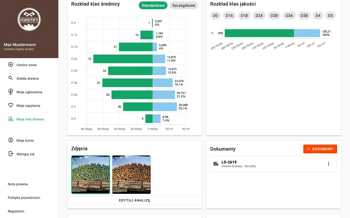 Forstify Measurement – measurement overview with diameter & quality distributions, map and data