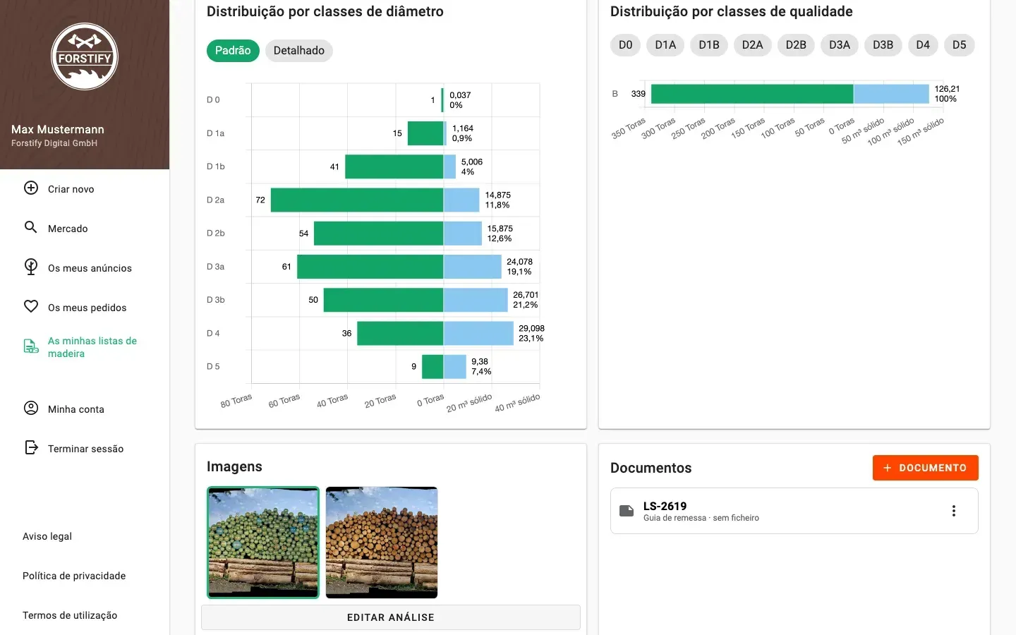 Forstify Measurement – measurement overview with diameter & quality distributions, map and data