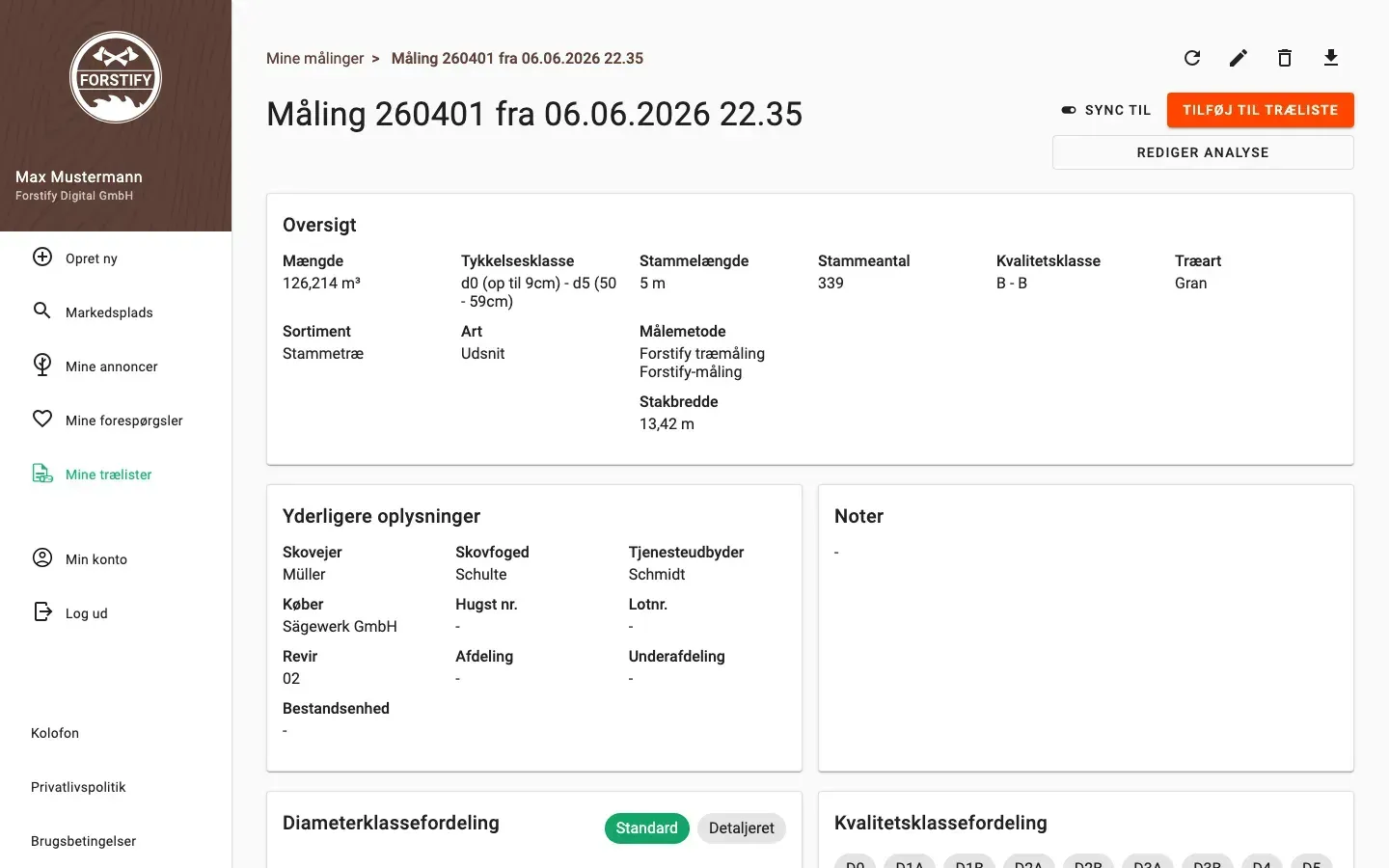 Measurement detail with delivery status and linked documents in Forstify