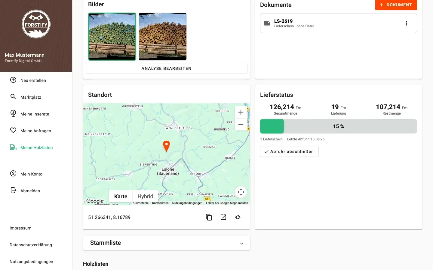 Messungsdetail mit Lieferstatus und verknüpften Dokumenten in Forstify