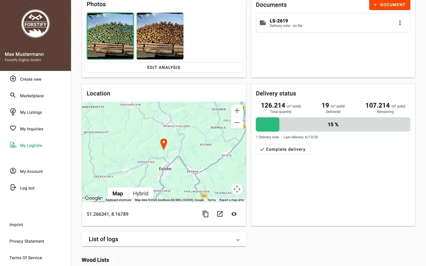 Measurement detail with delivery status and linked documents in Forstify