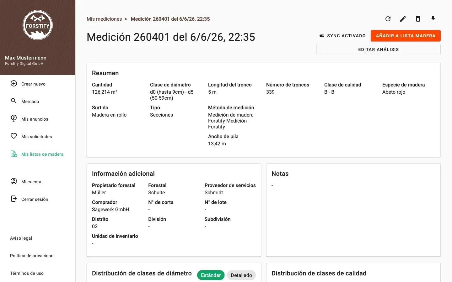 Measurement detail with delivery status and linked documents in Forstify