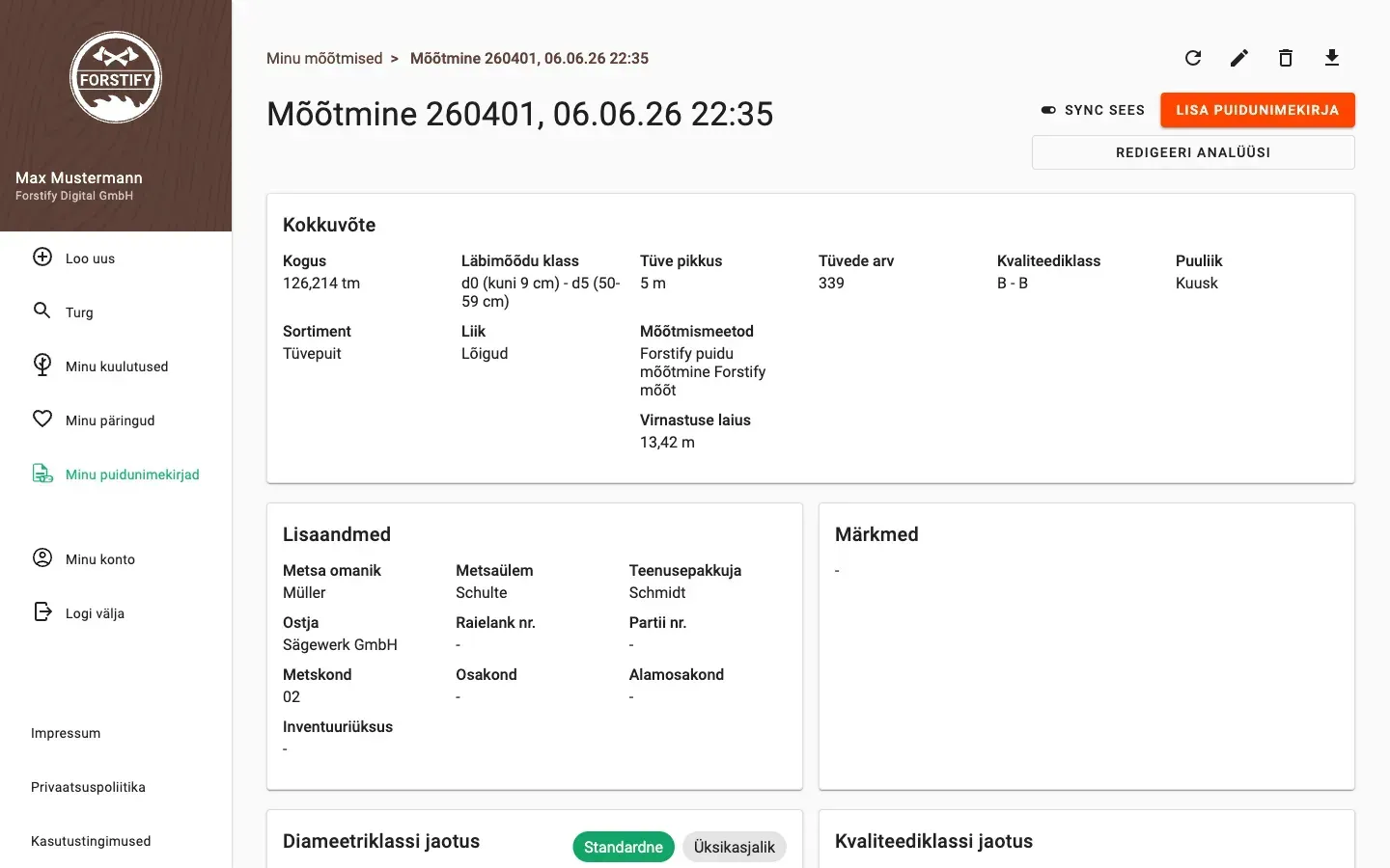 Measurement detail with delivery status and linked documents in Forstify